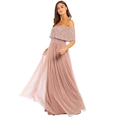 Abbildung von Maya Deluxe Damen Abendkleid Brautjungfernkleid Bardot Paillettenverzierung Elegant für H Bridesmaid Dress, Pale Mauve, 42 EU