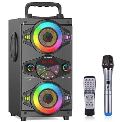 Abbildung von Bluetooth Lautsprecher, 60W tragbare drahtlose Loud Outdoor Home Party Lautsprecher mit Subwoofer, FM Radio, LED bunte Lichter, Mikrophone, Remote und Big Powerful Stereo Tiefenbass Sound
