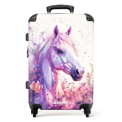 Abbildung von NoBoringSuitcases.com Kinderkoffer, Kinderkoffer Mädchen, Koffer Groß, Kinder, TSA Schloss, Trolley, Mädchen Reisekoffer Mittelgroß (Pferd Violett Rosa, 67 cm 72 L)