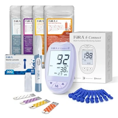 Abbildung von FORA Cholesterin Messgerät 6 Connect, Blutzucker, Keton, Cholesterin, Harnsäure, Hämoglobin, Hämatokrit Test, All in One Gesundheits für die Familie