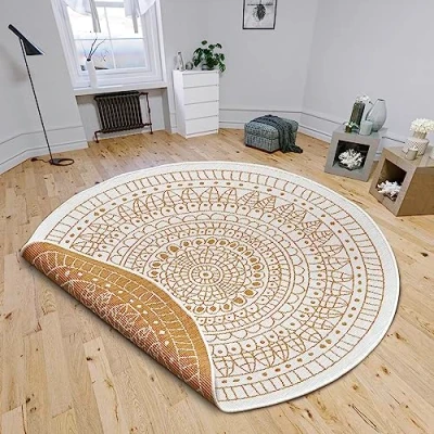 Abbildung von Northrugs Porto in und Outdoor Teppich Rund Runder Wendeteppich Wasserfest Mandala Design Flachgewebe Wetterfest für Balkon, Terrasse, Garten, Wohnzimmer Ocker, ⌀140cm