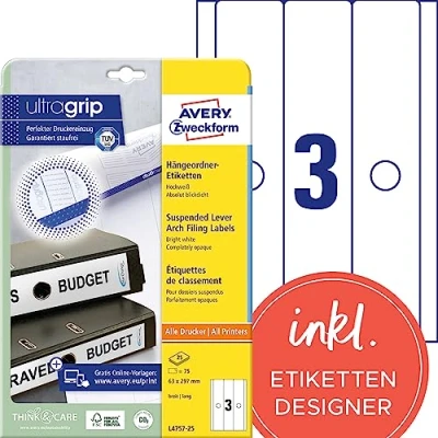 Abbildung von AVERY Zweckform L4757 25 Hängeordner Etiketten (75 Rückenschilder mit ultragrip, 63x297mm auf A4, breit/lang, absolut blickdicht, selbstklebend, bedruckbare Ordneretiketten) Blatt, weiß