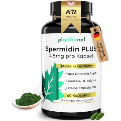 Abbildung von Spermidin Kapseln hochdosiert 4,5mg Spermidine pro Kapsel Gehalt durch externes Labor bestätigt 2 Monatsvorrat 60 PLUS