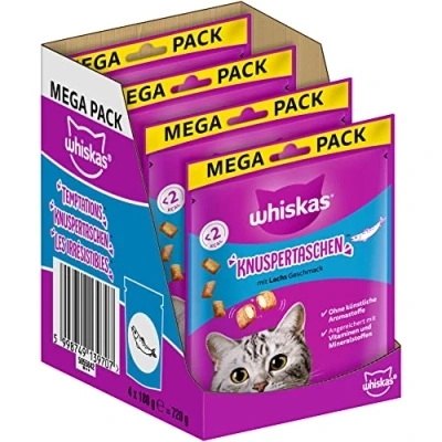 Abbildung von Whiskas Knuspertaschen Katzensnacks mit Lachsgeschmack, 4x180g (4 Packungen) unterschiedliche Produktverpackungen erhältlich
