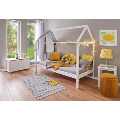Abbildung von Inter Link Kinderbett 90 x 200 cm Hausbett Jugendbett aus massivem Kiefernholz Für Jungen und Mädchen Weiß lackiert Schadstofffrei Pflegeleicht Sun Road