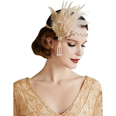 Abbildung von BABEYOND 1920s Stil Damen Feder Stirnband Flapper Art Deco Inspiriert von Great Gatsby Blatt Blinkende Kristalle Haarband (Champagner)