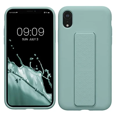 Abbildung von kwmobile Handyhülle kompatibel mit Apple iPhone XR Hülle Fingerhalter und Standfunktion Silikon Case Handy Cover in Mintgrün