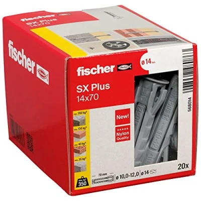 Abbildung von fischer Spreizdübel SX Plus 14 x 70, Schachtel mit 20 Nylondübeln, Dübel für optimalen Halt bei Befestigungen in Beton, Vollziegel, Porenbeton, Hochlochziegel uvm.