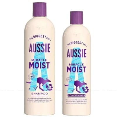 Abbildung von Aussie Miracle Moist XL Shampoo und Haarspülung Set für trockenes, wirklich durstiges Haar mit Macadamianussöl, einem 750 ml 500 Hair Conditioner