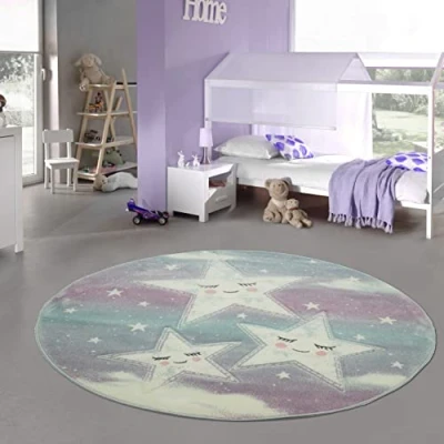Abbildung von Teppich Traum Runder Kinderzimmer Spielteppich Himmel Wolken Sterne Design blau Creme Größe 120 cm rund