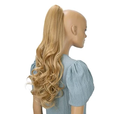 Abbildung von CAISHA 60cm Haarteil Ponytail Zopf Pferdeschwanz Haarverlängerung Voluminös Leicht Gewellt Hellblond Mix Strähnen H523