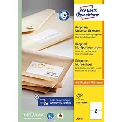 Abbildung von AVERY Zweckform LR3655 Recycling Etiketten (200 Klebeetiketten, 210x148mm auf A4, 100% recyceltes Altpapier, bedruckbare Versandetiketten, selbstklebende Versandaufkleber, DHL) 100 Blatt, naturweiß