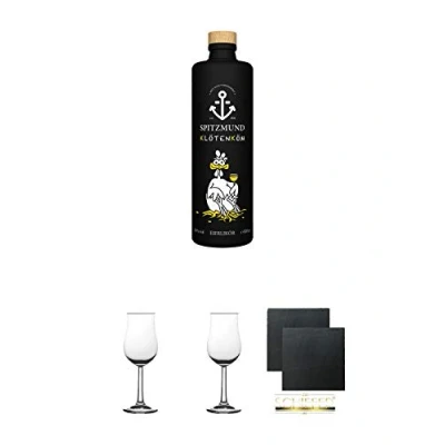 Abbildung von Spitzmund Klötenköm Eierlikör 0,5 Liter + Nosing Gläser Kelchglas Bugatti mit Eichstrich 2cl und 4cl 2 Stück Schiefer Glasuntersetzer eckig ca. 9,5 cm Ø