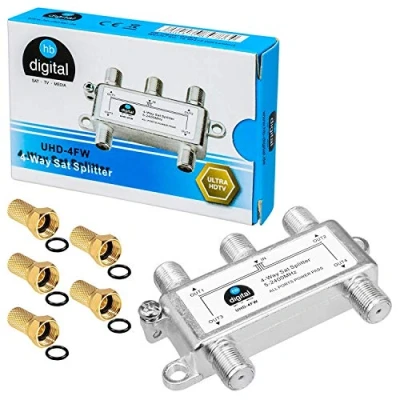 Abbildung von HB digital SAT BK UKW Verteiler 4 Fach Splitter (4 Wege): 5 2400 MHz &amp; analog voll geschirmt mit Spannungsdurchlass DVB S/S2 FM Kabelfernsehen C inkl. F Stecker