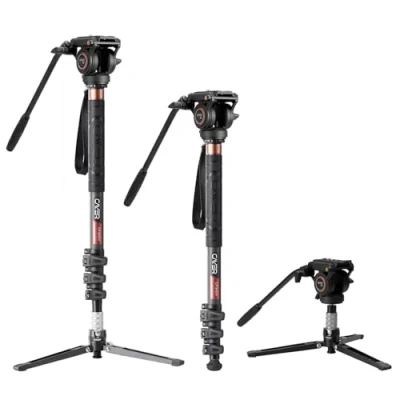 Abbildung von Cayer CF34DV Professionelles Video Einbeinstativ 71 &quot;Carbonfaser mit Schwenk Neige Fluidkopf und 3 Bein Stativfuß für DSLR Videokameras Camcorder sowie 1 zusätzliche Gleitplatte