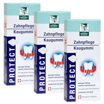 Abbildung von BADERs Gesundheit PROTECT Zahnpflege Kaugummi aus der Apotheke. Weniger Zahnbelag, weißere Zähne. Zuckerfrei mit 100% Xylit. 3 x 20 Quadrate