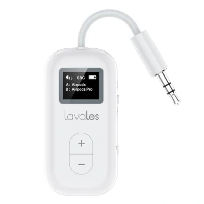 Abbildung von Lavales SafeFly Dual Premium Flugzeug Bluetooth 5.3 Transmitter für 2 AirPods oder Kopfhörer, aptX Low Latency, 3,5 mm AUX Kabelloser Audio Adapter mit OLED Display Flugreisen, TV, Tablets