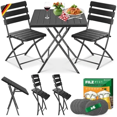 Abbildung von KESSER® Bistroset 3 teilig Balkontisch mit 2 Stühlen Balkonmöbel Wetterfest &amp; UV beständig Balkonset klappbare Sitzgruppe Beschichtetes Stahl Holz Optik Gartenmöbelset 6 Filz Untersetzer