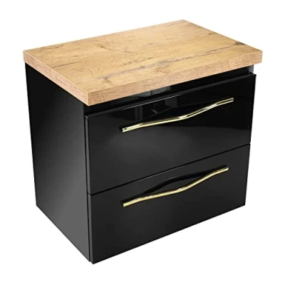Abbildung von paplinskimoebel Girona 60 schwarzer Hochglanz Aufsatzschrank B60,5 x T40 H51,5 Zwei Schubladen, goldene Metallgriffe, auch als Unterschrank für Aufsatzwaschbecken geeignet (Eichenoptik)