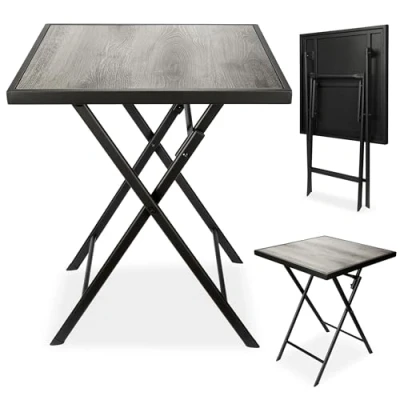 Abbildung von BRUBAKER Gartentisch Bergamo 58 x cm Balkontisch wetterfest Metall Beistelltisch klappbar Campingtisch eckig mit Holz Optik Klapptisch für Balkon, Terrasse Bistrotisch Grau