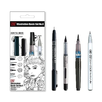 Abbildung von Kuretake ZIG Inktober Spezial Set, ILLUSTRATION BASIC SET 3 für Manga Zeichnung, Schriftzug und Kalligraphie, professionelle Künstlerqualität, hergestellt in Japan (4 pcs)