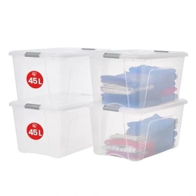 Abbildung von Iris Ohyama Aufbewahrungsboxen mit Deckel, 45L, 4er Set, Silber, Sicherer Verschluss, Stapelbar, Griffe, Schlafzimmer, Schrank, Büro, Organisation, BPA freies Plastik, Ordnungsboxen, NTB 45