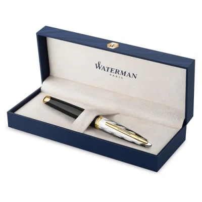 Abbildung von Waterman Carene Füller Metall und schwarzer Lack mit goldenen Zierteilen, ziselisierte Kappe Füllfederhalter mittlerer 18 kt Goldfeder Geschenkbox