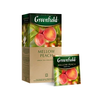 Abbildung von Greenfield Mellow Peach, Aromatisierter Grüner Tee, Mandarine, Pfirsich, Rose, 25 Doppelkammer Teebeutel mit Etiketten in Folienbeuteln, (25 x 1,8 g), 45g [4 Stück]
