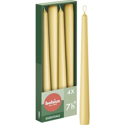Abbildung von Bolsius Glatte Spitzkerzen Beige 4 Stück im Karton Dekorative Haushaltkerzen Brenndauer 7 Stunden Unparfümierte Enthält Natürliches Pflanzenwachts Ohne Palmöl 24,5 cm