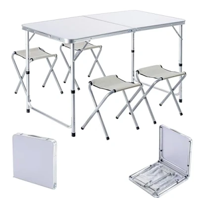 Abbildung von KADAX Campingmöbelset, Camping Tisch mit Klappstühlen, Klapptisch 4 Sessel, Höhenverstellbare Sitzgarnitur, Falttisch, Multifunktionstisch für (Silber weiß)