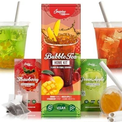 Abbildung von INSPIRE FOOD Bubble Tea Set Mango Boba 100g, Erdbeer Sirup 30ml, Grüner Apfel 4x Strohhalme + 2x Jasmin Tee 100% vegan, glutenfrei, ohne künstl. Farbstoffe