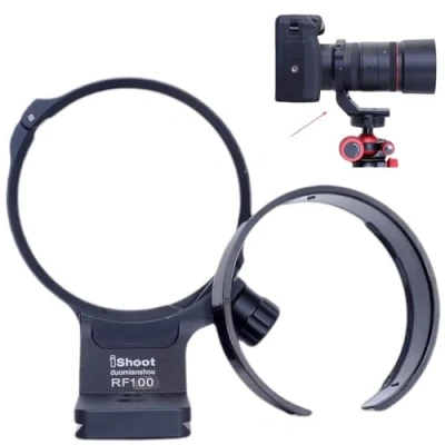 Abbildung von iShoot Objektivhalsband Stativhalterungsring, kompatibel mit Canon RF 100 mm f/2.8L Makro IS USM, Objektivstütze, Halterung unten ist Arca Swiss Fit Schnellwechselplatte für
