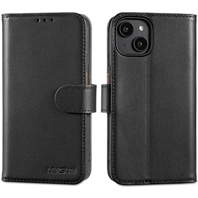 Abbildung von LENSUN Echtleder Hülle für iPhone 14, Handyhülle [Echtes Leder][Magnetverschluss][RFID Schutz] Handytasche Lederhülle Kompatibel mit 14 5G(6,1&quot;) Schwarz