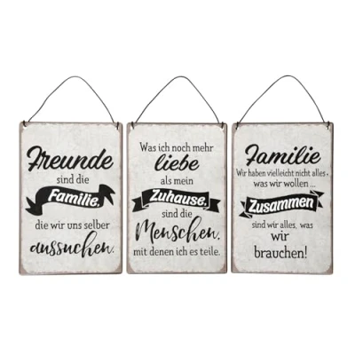 Abbildung von levandeo 3er Set Blechschilder H15cm Freunde Familie Sprüche Zuhause Wandbild Wanddeko Deko Schilder Shabby Chic Geschenk