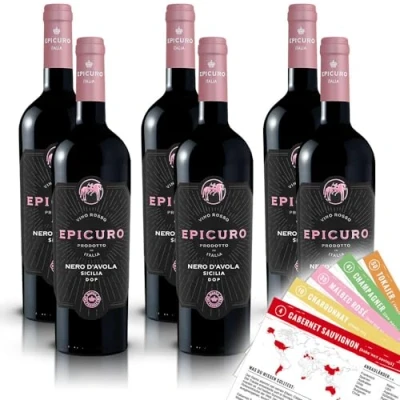 Abbildung von Epicuro Nero d&#039;Avola DOP Rotwein, trocken, sortenreines Weinpaket + VINOX Winecards (6x0,75l)