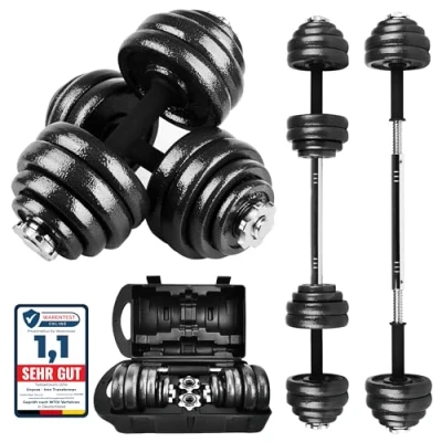 Abbildung von unycos 2 in 1 Verstellbare Hanteln mit Übungs E Book, Gewichtsset Verbindungsstange und 30 kg Schweren Eisenplatten, Aufbewahrungskoffer, Heim Fitnessstudio (Iron Transformer)