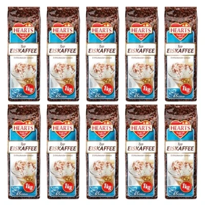 Abbildung von HEARTS Eiskaffee Pulver 10 x 1kg Vorteilspack, ca. 65 Gläser/Beutel Löslicher Bohnenkaffee, Ice Coffee als Sommergetränk, Koffeinhaltig &amp; Löslich
