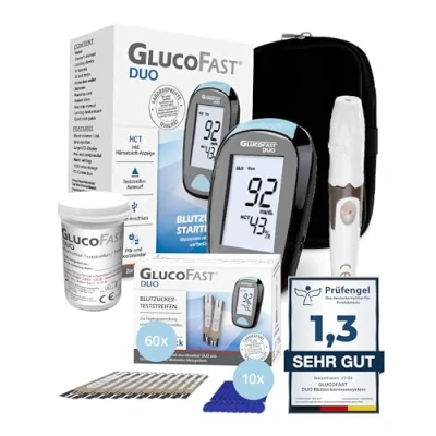 Abbildung von GLUCOFAST Blutzuckermessgerät DUO Maßeinheit in MG, Kombiset, Ink. 60 Tetsteifen, 10 Lanzetten und Lanzettiergerät, Blutzucker Hämatokritwert mit einer Messung bestimmen