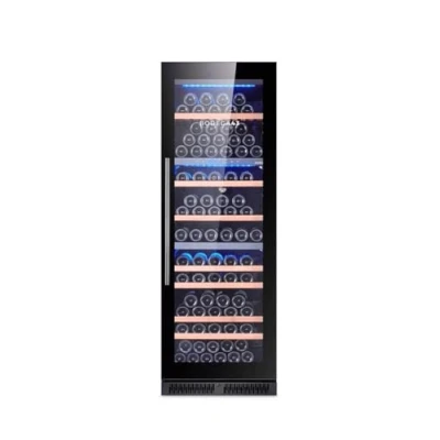 Abbildung von BODEGA43 145 Weinkühlschrank mit 3 Temperaturzonen, Flaschen, 41 dB, Einbau und Freihstehend, Schwarze Vollglas Designtür, 7 Ausziehbare Schubladen aus durchsichtig lackiertem Sapele Holz