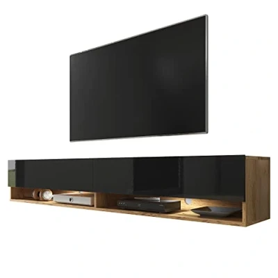 Abbildung von Selsey Wander TV Board/Fernsehschrank für Wohnzimmer hängend/stehend, optional mit LED, 180 cm breit (Holzoptik Wotan Eiche/Schwarz Hochglanz, LED)