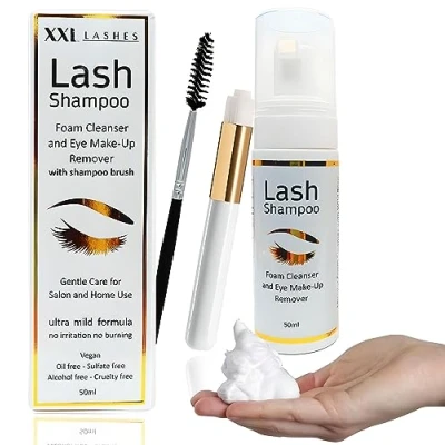 Abbildung von Wimpern Shampoo für Wimpernverlängerungen, Mizellen Schaumreiniger mit Wildrose, Lash Schaumdüse, Wimpernpflege inkl. Pinsel, Makeup und Augenlid Reiniger Wimpern, 50 ml