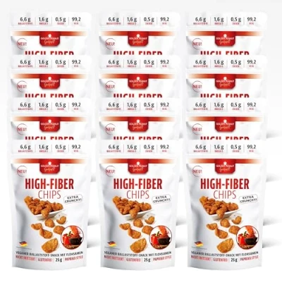 Abbildung von GOLDEN PEANUT Gourmet High Fiber Chips Paprika Style 12 x 25 g Beutel, sättigender Ballaststoff Snack, Omega 3, vegan und glutenfrei