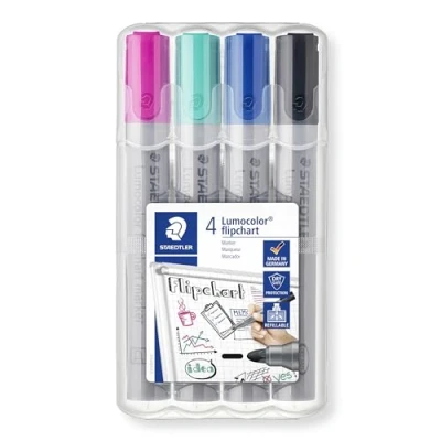 Abbildung von STAEDTLER flipchart Marker Lumocolor, farbintensive, schnelltrocknende, geruchsarme Tinte, schlägt nicht durch Papier durch, 4 in aufstellbarer Box, 356 WP4 1
