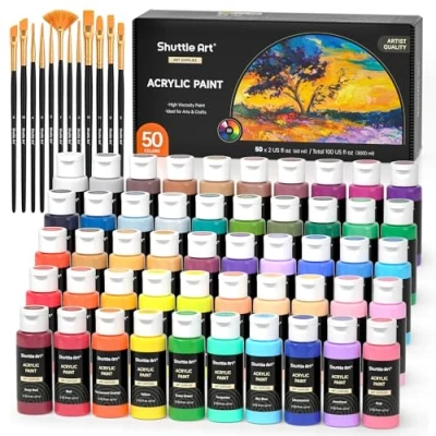 Abbildung von Shuttle Art Acrylfarben Set, 50 bunte Acryl Farben in Flaschen (je 60ml), hochpigmentiert, ungiftig, Acrylfarbe wasserfest für Künstler, Anfänger, Erwachsene auf Leinwand, Steine, Holz geeignet