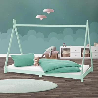 Abbildung von ML Design Kinderbett Tipi 90 x 200 cm mit Lattenrost, Mint, Kiefernholz, Indianer Bett aus Massivholz, Hausbett für Mädchen und Jungen, Kinderhaus Jugendbett Holzbett Bettenhaus Spielbett Zelt Holz