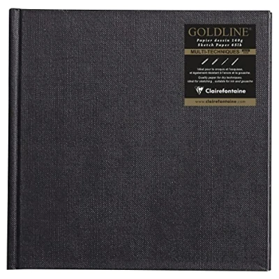 Abbildung von Clairefontaine Ref. 34249C Goldline quadratischer Block (64 elfenbeinfarbene Blätter) Größe 15 x cm, 140 g/m² Papier, quadratisches Layout schwarzer Einband geeignet für Trockentechniken