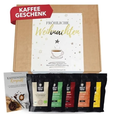 Abbildung von Kaffee Geschenk Weihnachten (5 x 100g) Geschenkidee Kaffeebohnen Probierset Fröhliche gemahlen