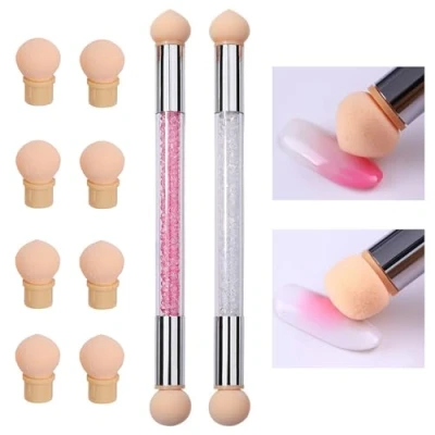 Abbildung von iCovalescent 2 Stück Nail art Rendering Werkzeuge Doppelter Kopf, Sponge Brush Applikator inkl 8 Ersatzköpfe, Schwamm und Tupfpinsel(Weiß, Rosa)