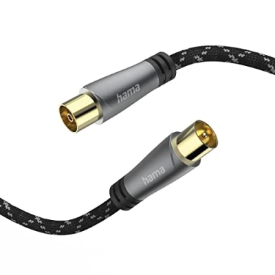 Abbildung von Hama Antennenkabel Koax 3 m lang 120 dB (Koax Stecker Kupplung, Koaxialkabel HD TV, 8K, zur Verbindung von Antennendose zu TV oder Receiver, Metallgehäuse, verstärkter Kabelmantel, 75 Ohm)