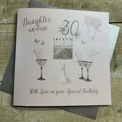 Abbildung von WHITE COTTON CARDS Geburtstagskarte zum 30. Geburtstag, Schwiegertochter, Champagnergläser, rosa Rosen, SS42 DIL30, 16 x cm